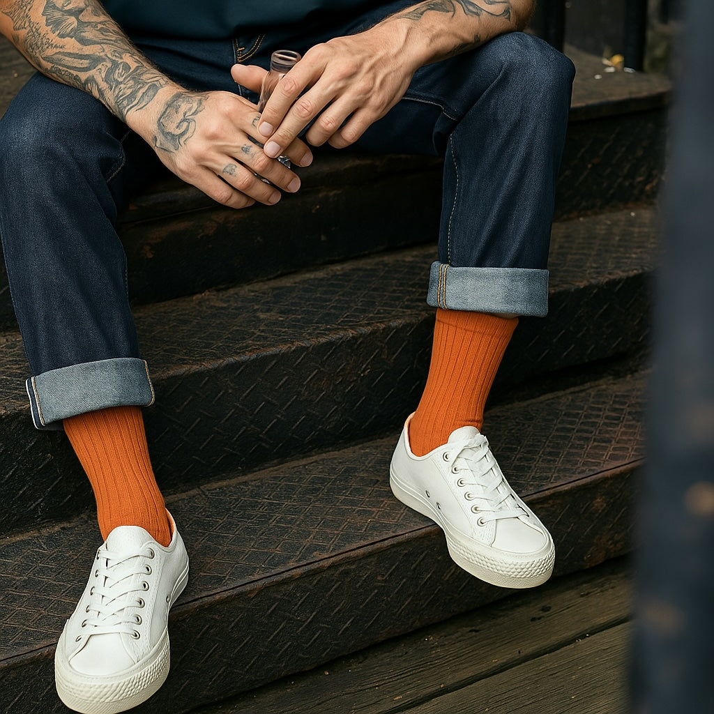 Thela Gaadi Crew sock - Orange Solid Ribbed Socks