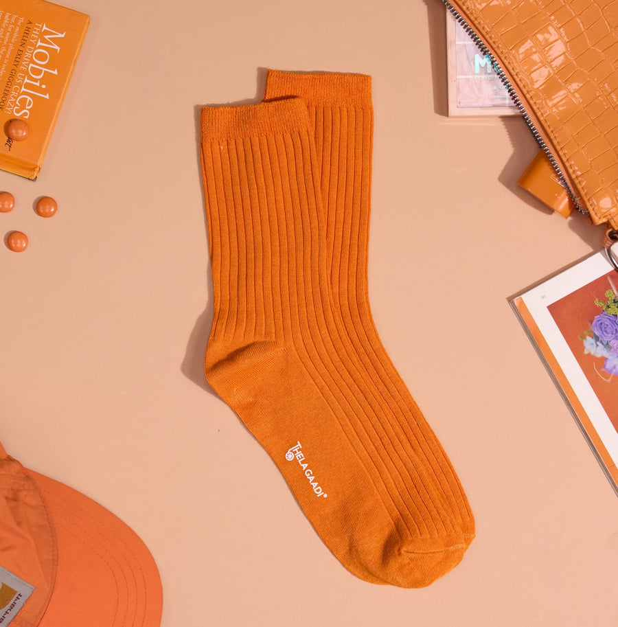 Thela Gaadi Crew sock - Orange Solid Ribbed Socks